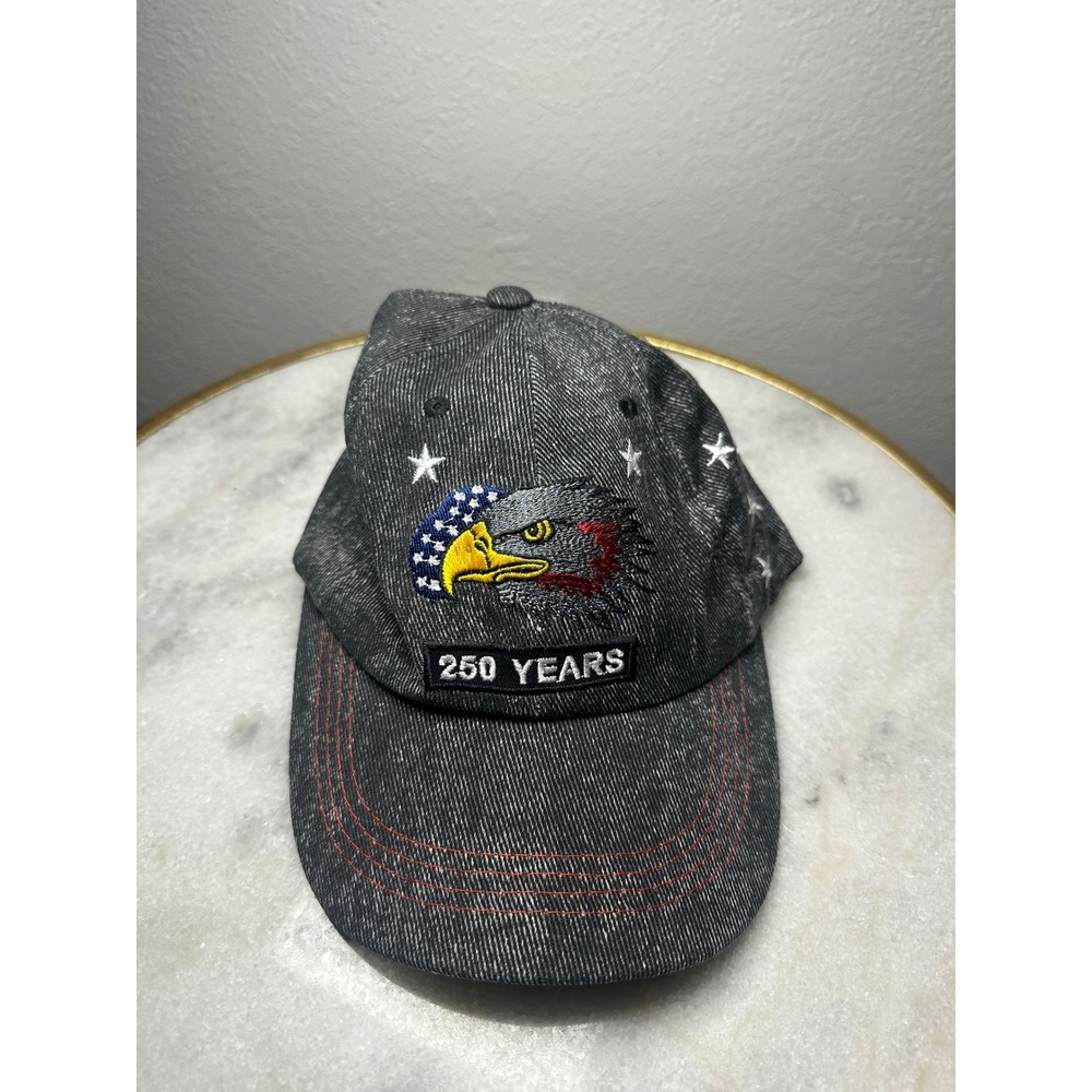 Eagle 250 Years Patriotic Acid Wash Denim Baseball Cap Hat Black Red